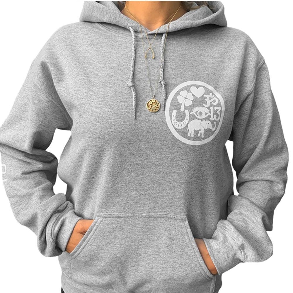 Jennifer Meyer Women's Size Large Grey White Good Luck Charm Hoodie Sweatshirt - Picture 2 of 16